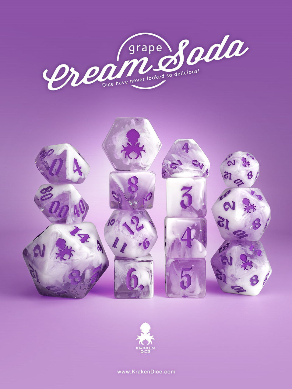 Grape Cream Soda 14pc TTRPG Dice Set with Purple Ink
